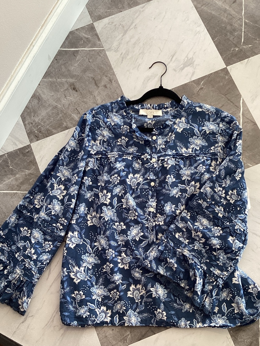 LOFT Navy and Light Blue Floral Button-Front Top